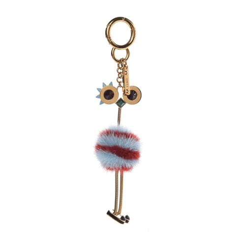 FENDI Mink Fur Ostrich Bag Charm Light Blue Red